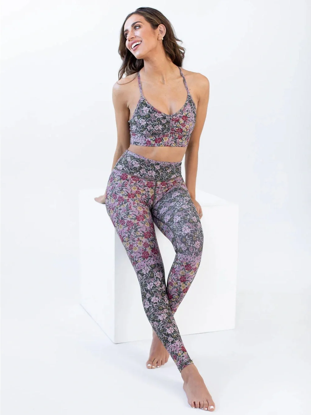Savvy Floral Print Seamless Sports Bra & Legging Set - Pink Green S-M